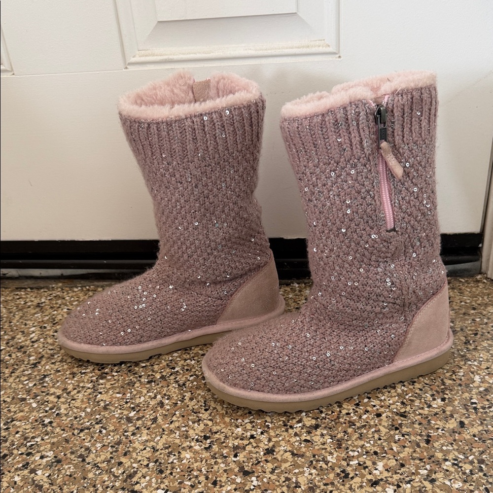 UGG Girls' Pink Knit Sequin Winter Boots - Cozy Lined Kids Shoes